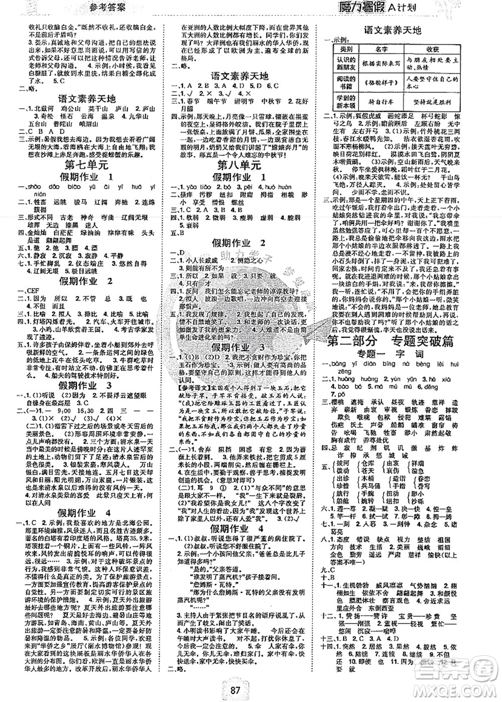 江西美術(shù)出版社2021魔力暑假A計劃五年級語文RJ人教版答案