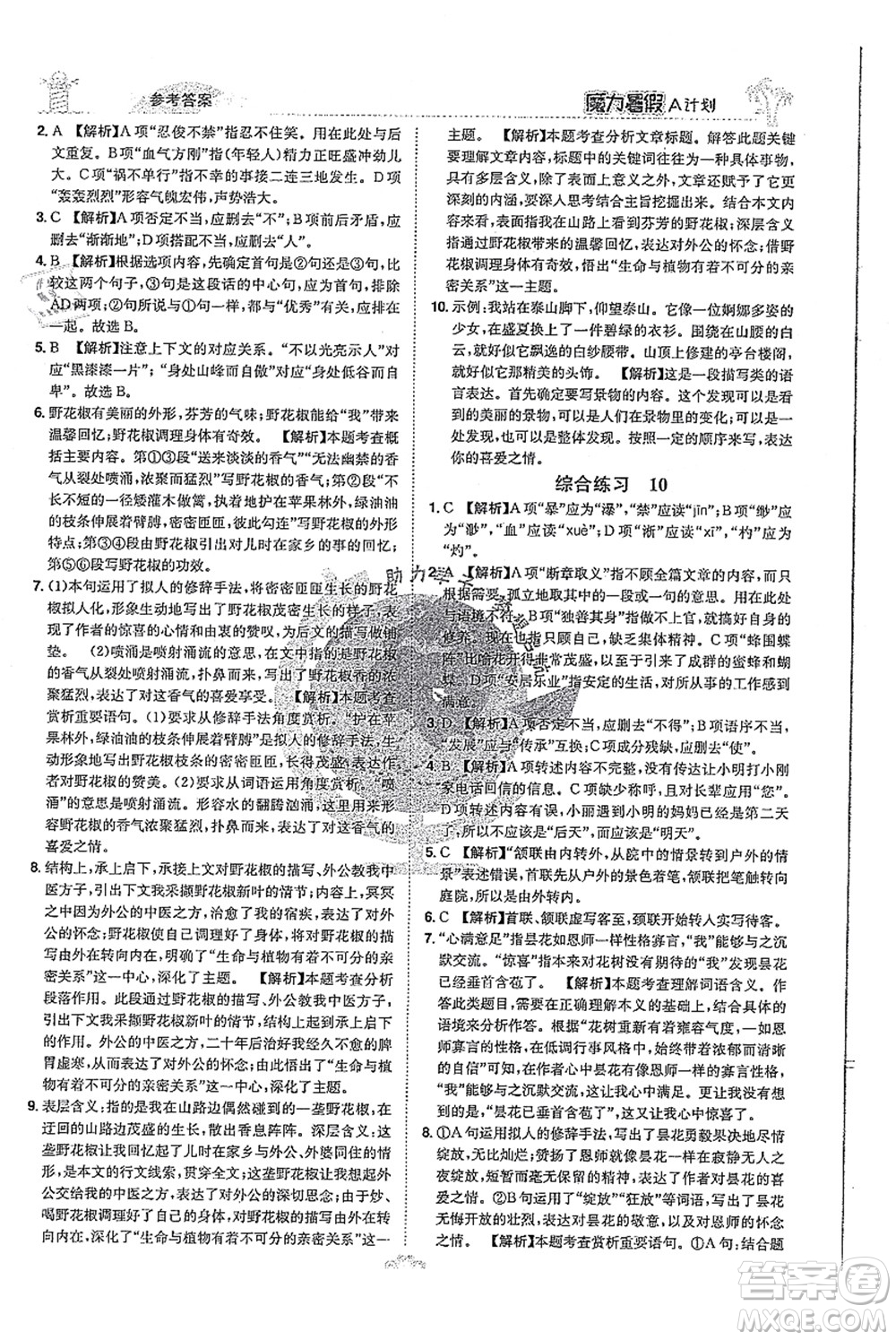 江西美術(shù)出版社2021魔力暑假A計劃七年級語文RJ人教版答案