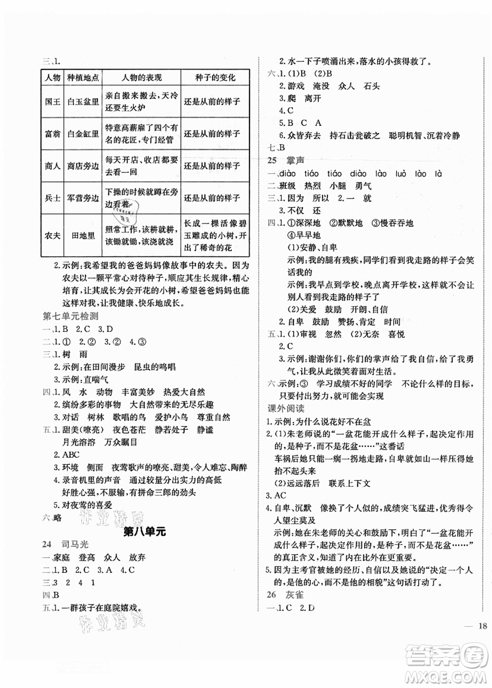 龍門書局2021黃岡小狀元作業(yè)本三年級語文上冊R人教版答案