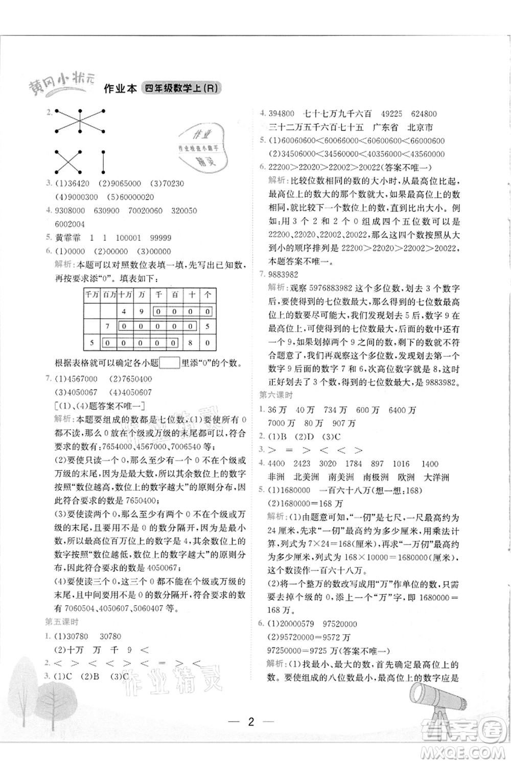 龍門書局2021黃岡小狀元作業(yè)本四年級數(shù)學(xué)上冊R人教版答案