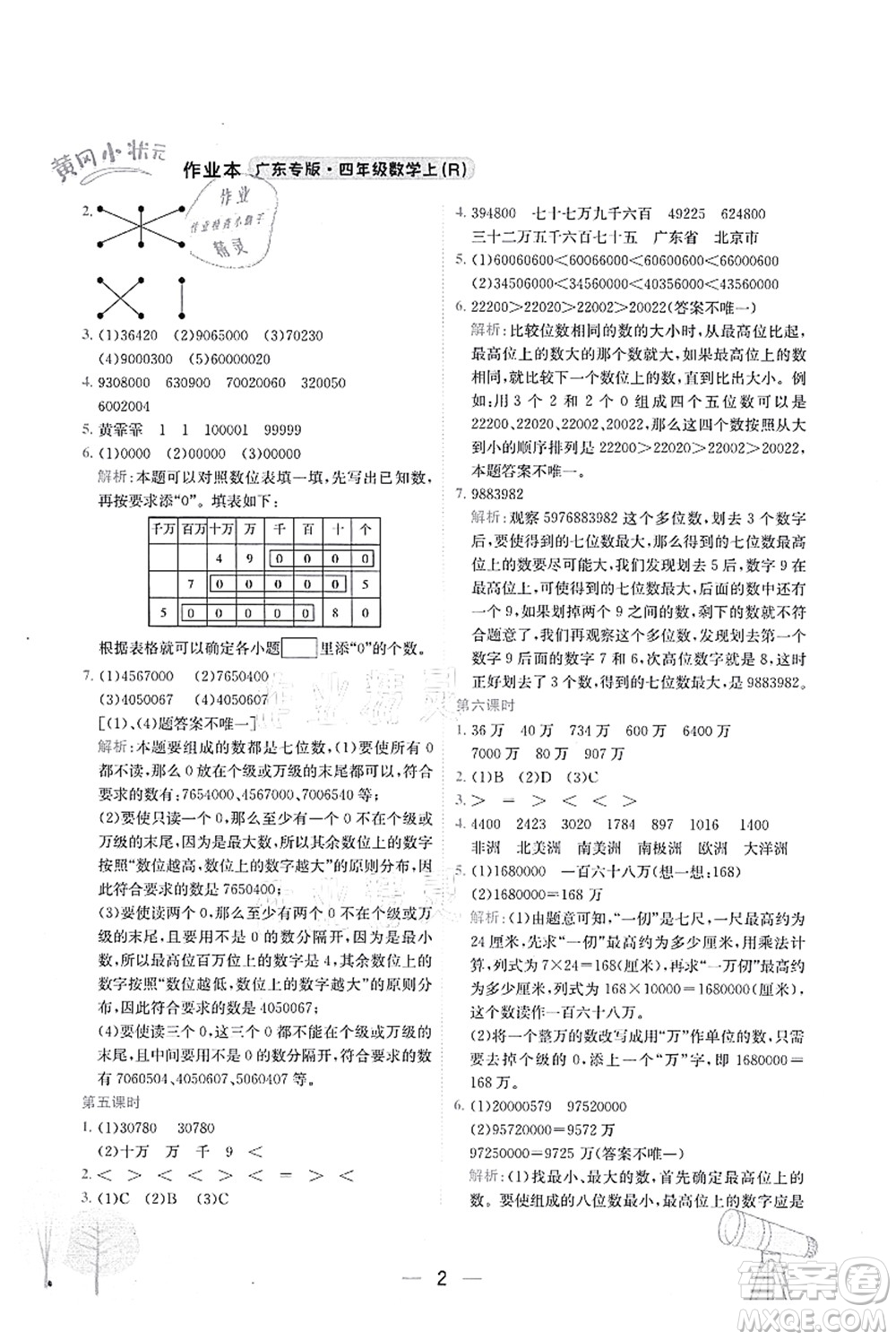 龍門書局2021黃岡小狀元作業(yè)本四年級(jí)數(shù)學(xué)上冊(cè)R人教版廣東專版答案