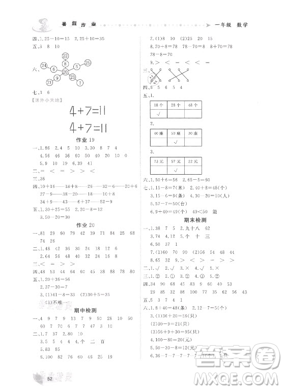 內(nèi)蒙古人民出版社2021暑假作業(yè)數(shù)學(xué)一年級人教版答案