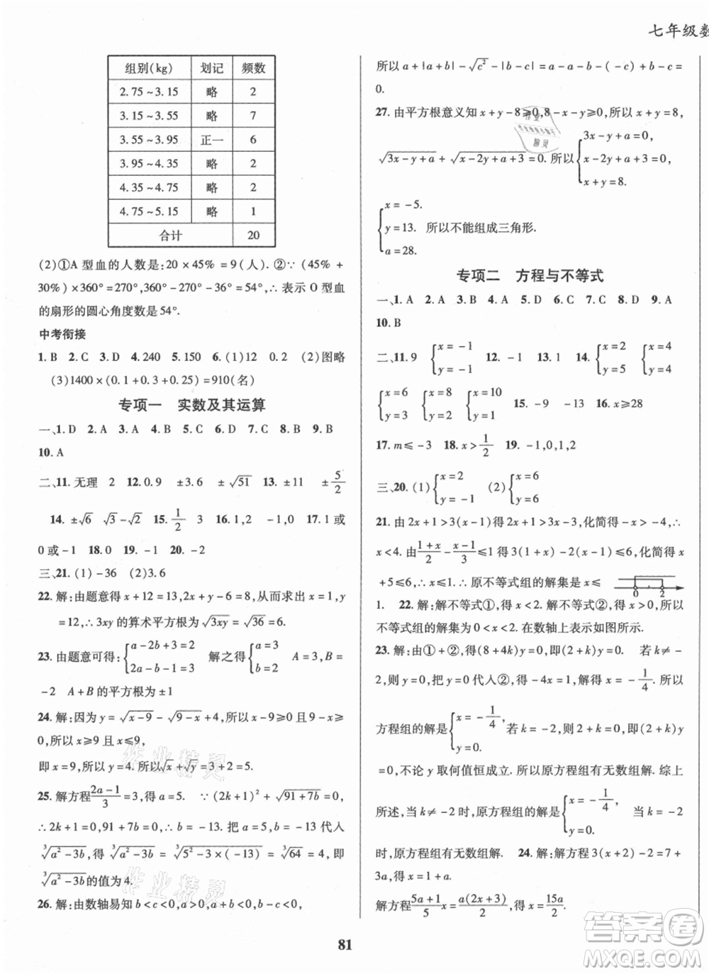 云南科技出版社2021復(fù)習(xí)大本營(yíng)期末復(fù)習(xí)假期一本通七年級(jí)數(shù)學(xué)參考答案