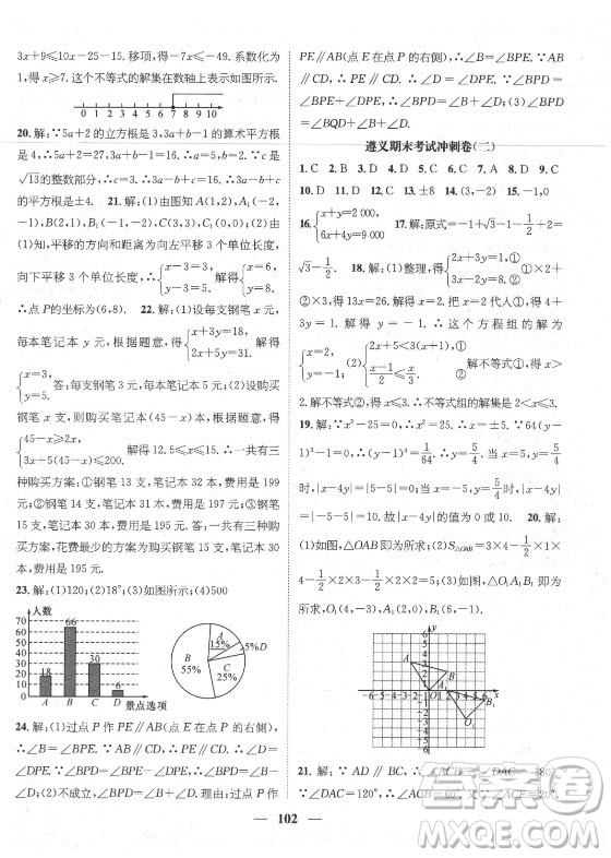 廣東經(jīng)濟(jì)出版社2021期末沖刺王暑假作業(yè)數(shù)學(xué)七年級(jí)人教版遵義專版答案