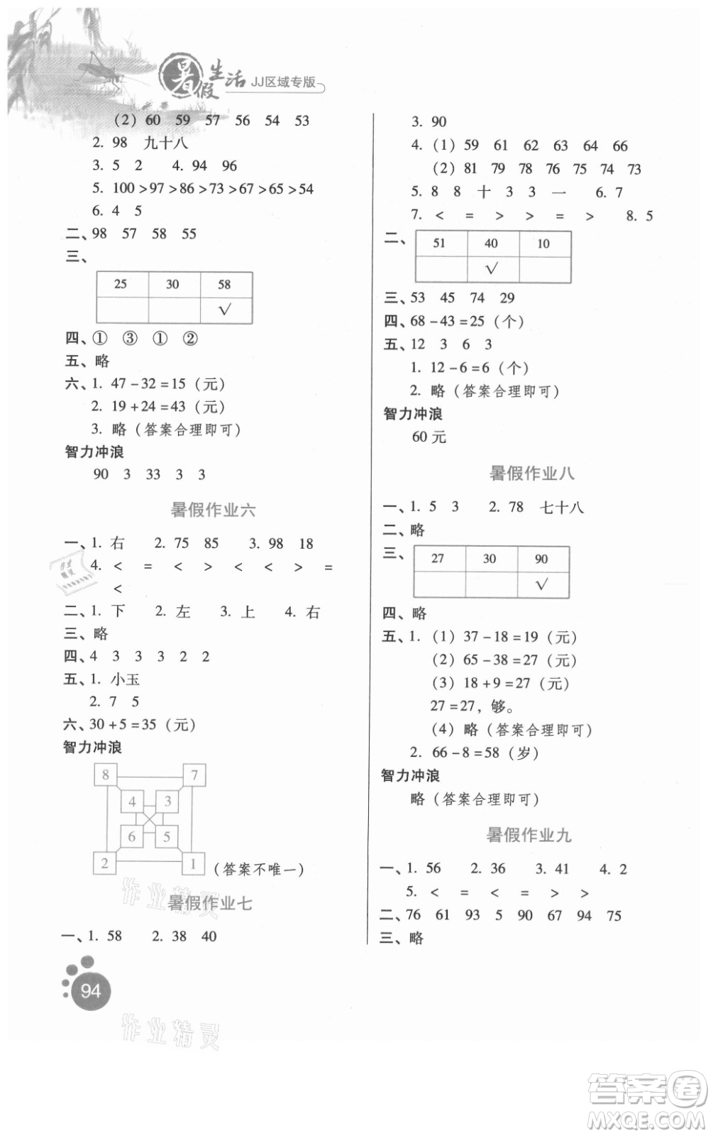 河北少年兒童出版社2021暑假生活數(shù)學(xué)一年級冀教版滄州專版答案