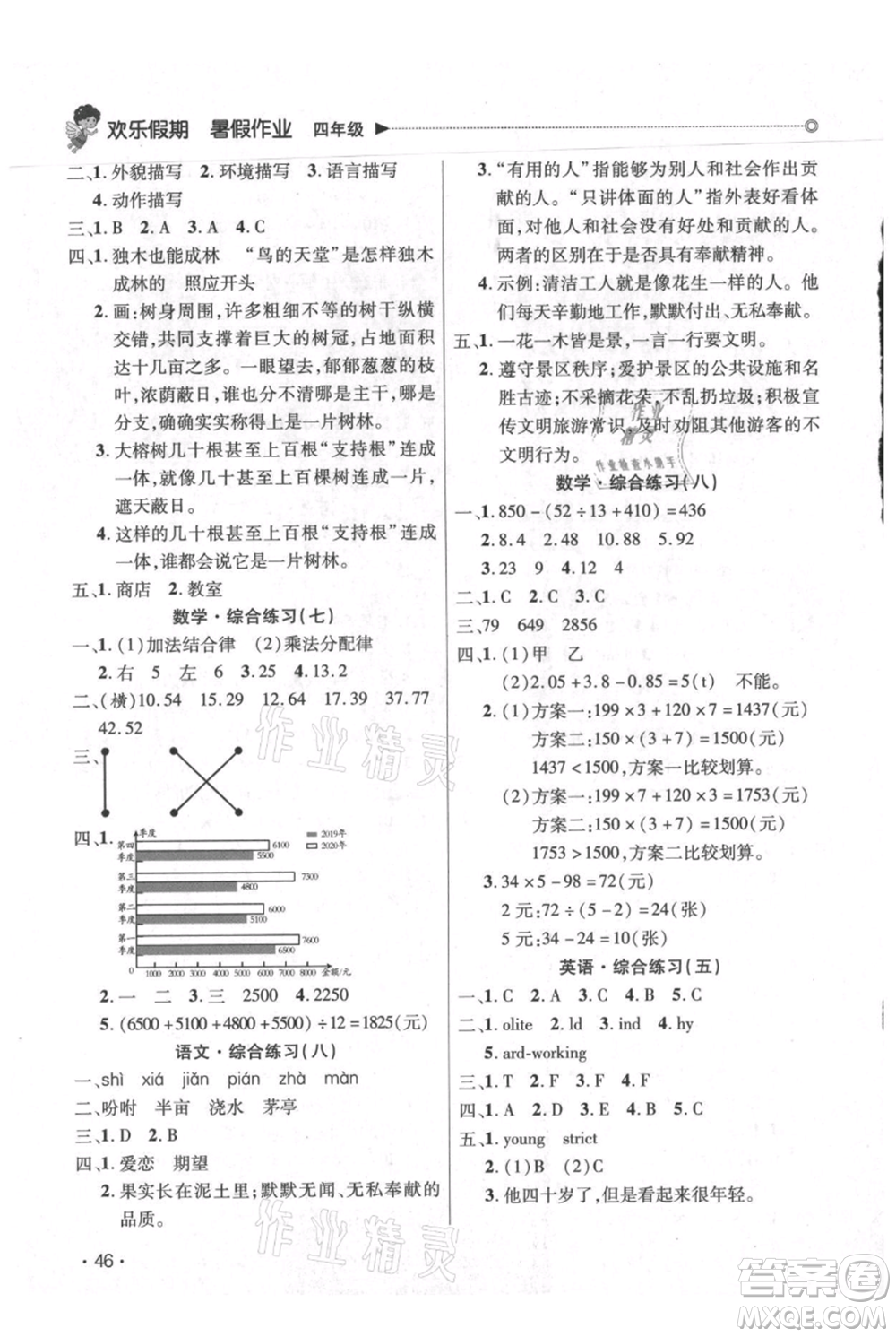 廣東人民出版社2021快樂寶貝歡樂假期暑假作業(yè)四年級語文數(shù)學(xué)合訂本廣東專版參考答案