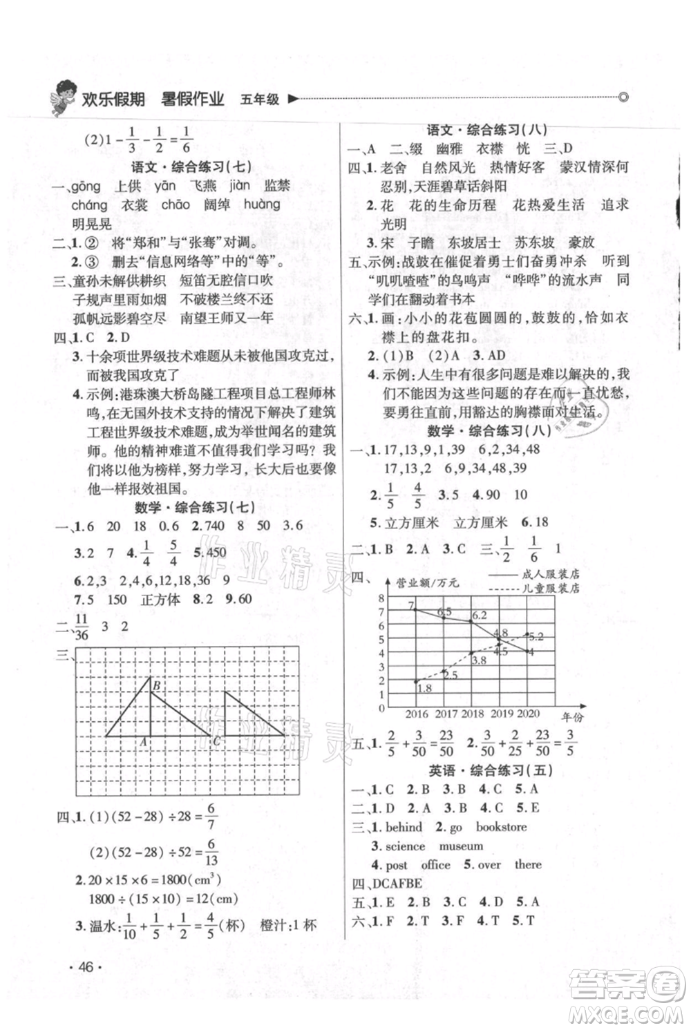 廣東人民出版社2021快樂寶貝歡樂假期暑假作業(yè)五年級(jí)語文數(shù)學(xué)合訂本廣東專版參考答案