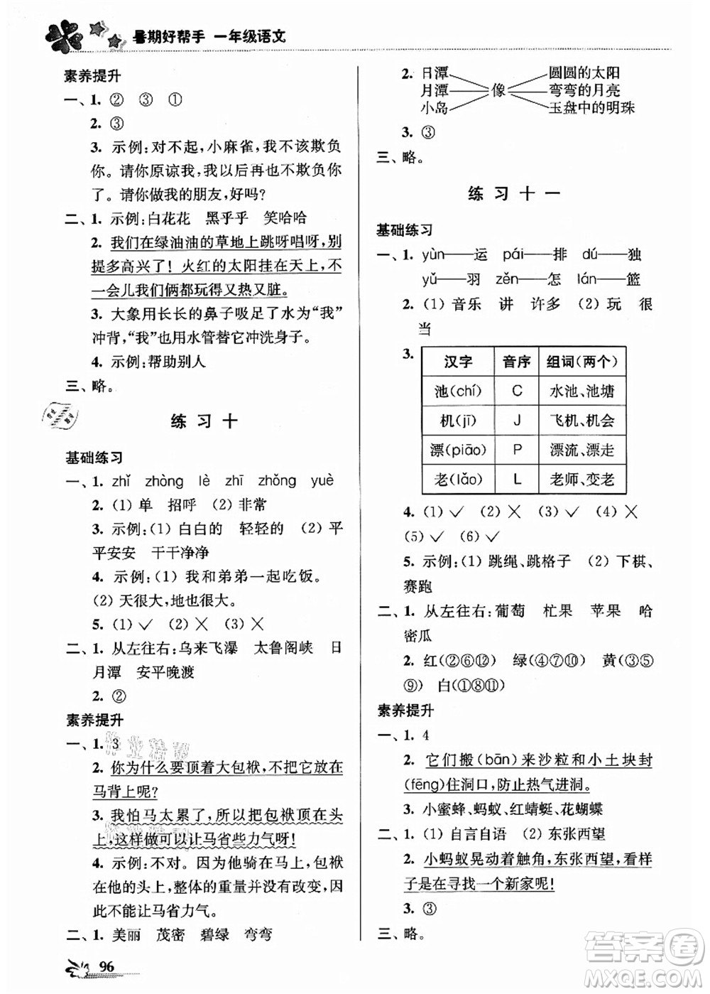 江蘇鳳凰美術(shù)出版社2021暑期好幫手一年級語文答案