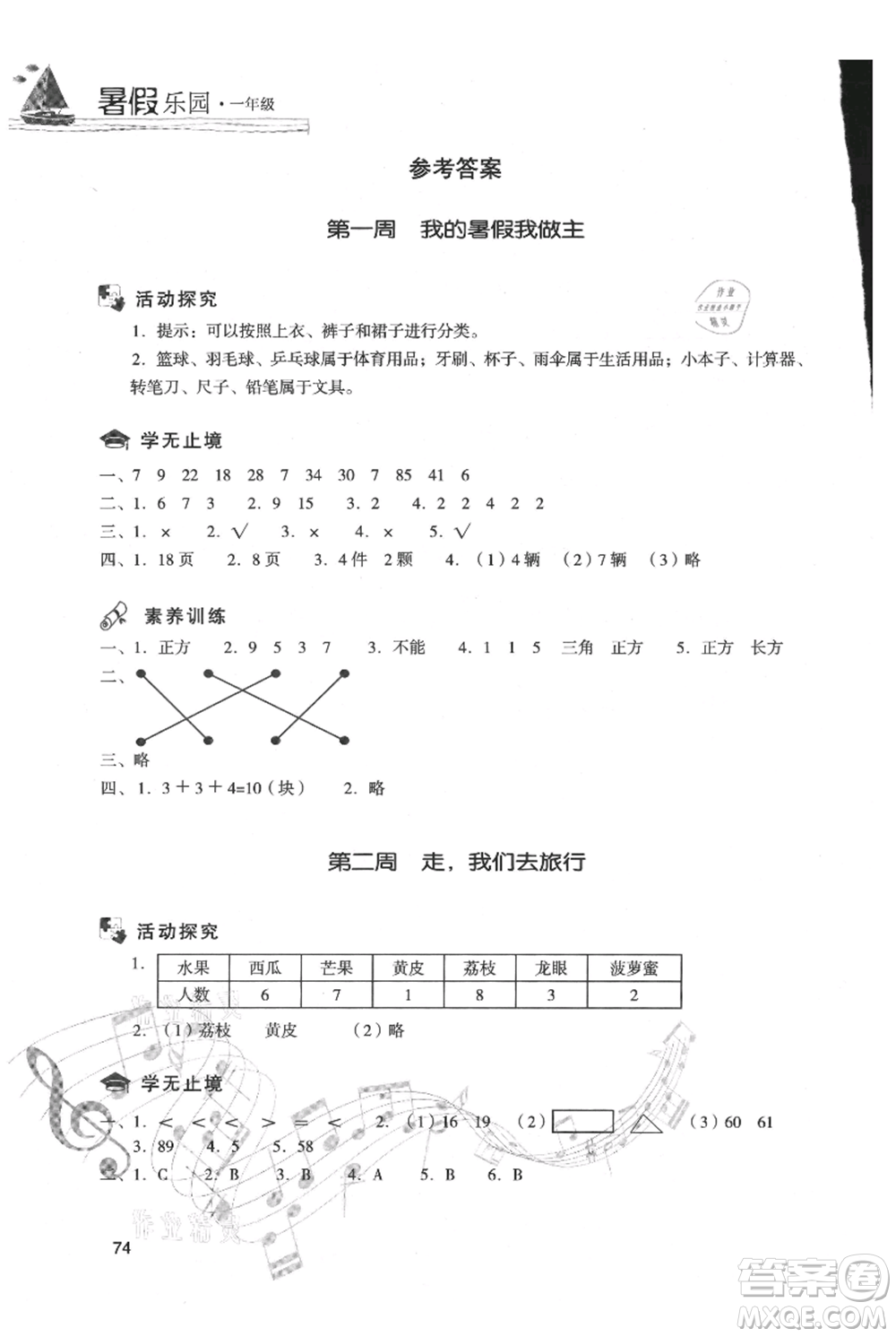 現(xiàn)代教育出版社2021暑假樂園一年級數(shù)學(xué)人教版參考答案