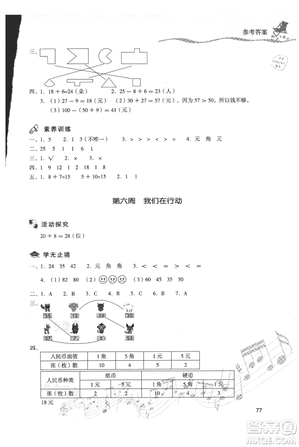 現(xiàn)代教育出版社2021暑假樂園一年級數(shù)學(xué)人教版參考答案