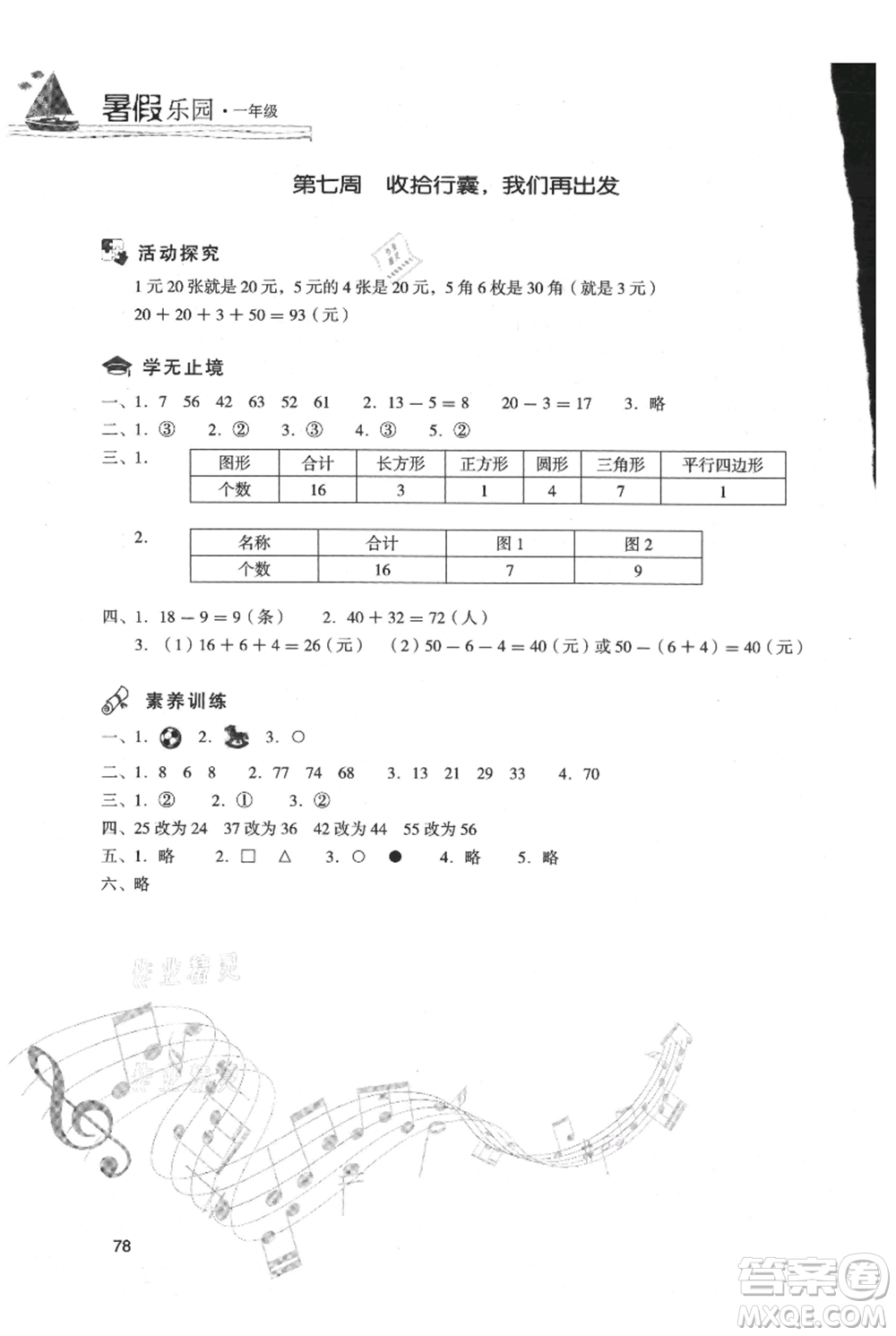 現(xiàn)代教育出版社2021暑假樂園一年級數(shù)學(xué)人教版參考答案