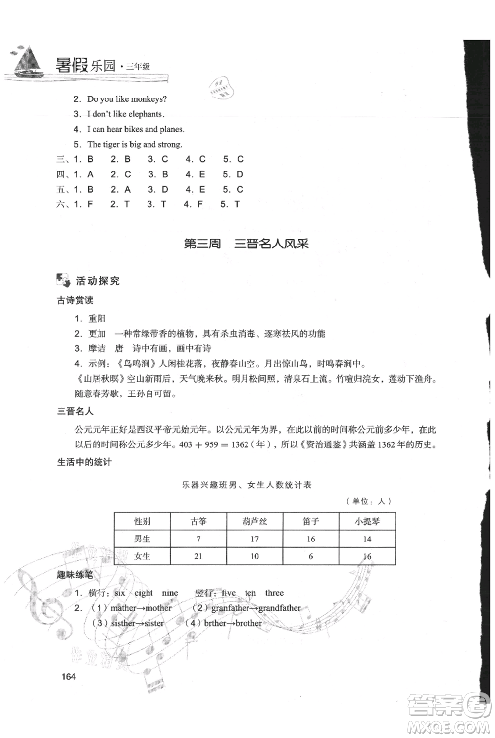 現(xiàn)代教育出版社2021暑假樂(lè)園三年級(jí)合訂本通用版參考答案