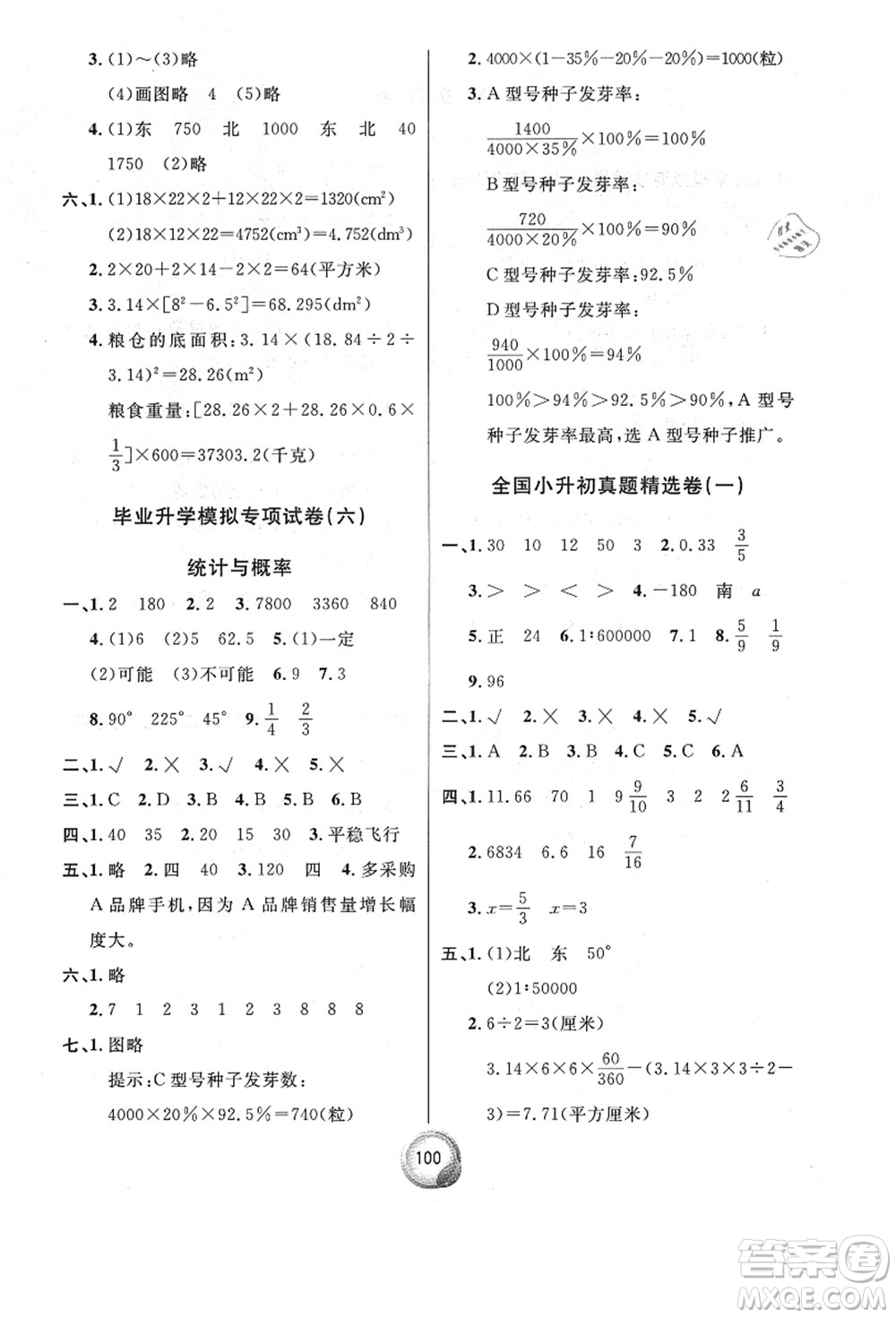 南方出版社2021畢業(yè)總復習小升初入學測試卷數學人教版答案