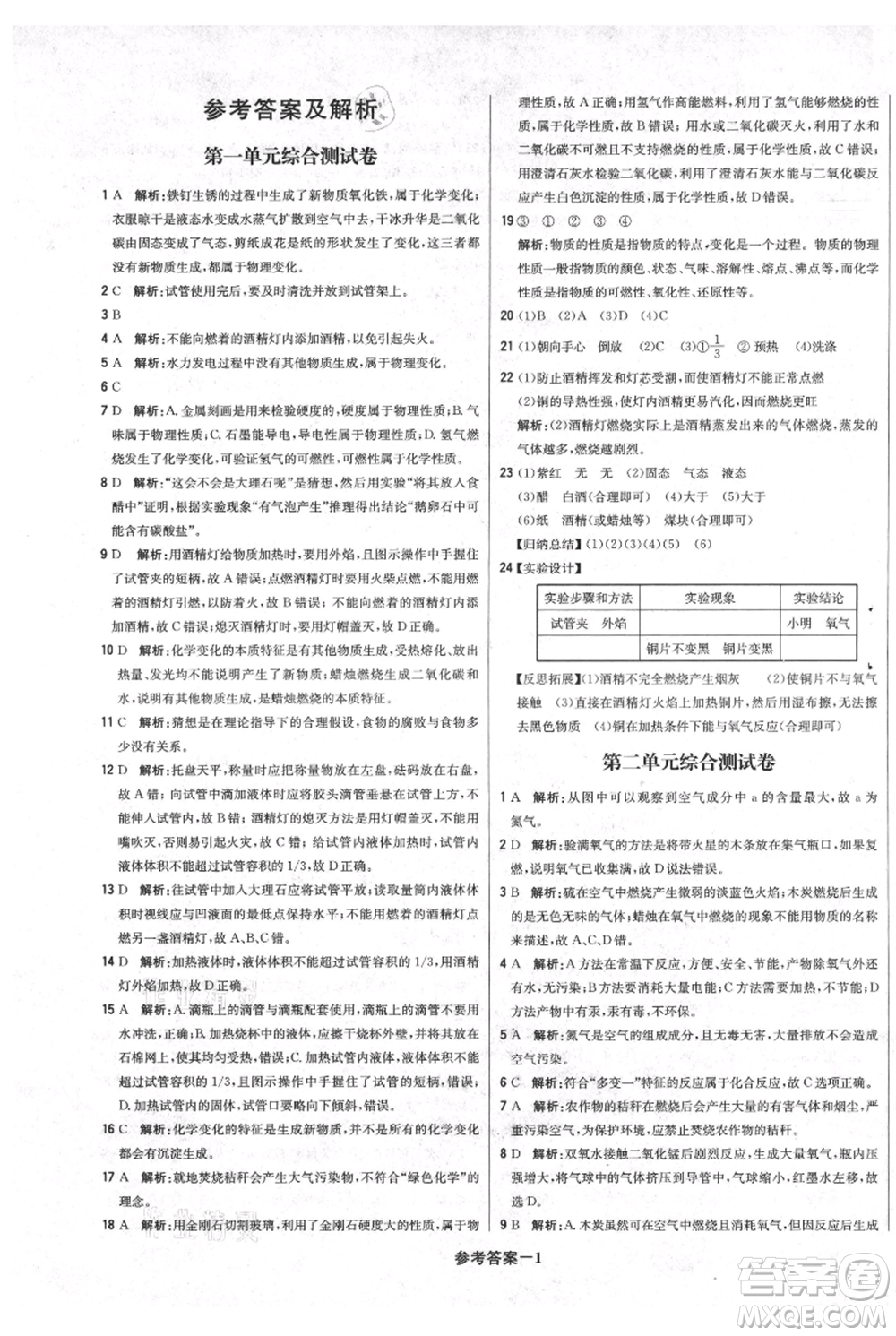 北京教育出版社2021年1+1輕巧奪冠優(yōu)化訓練九年級上冊化學人教版參考答案