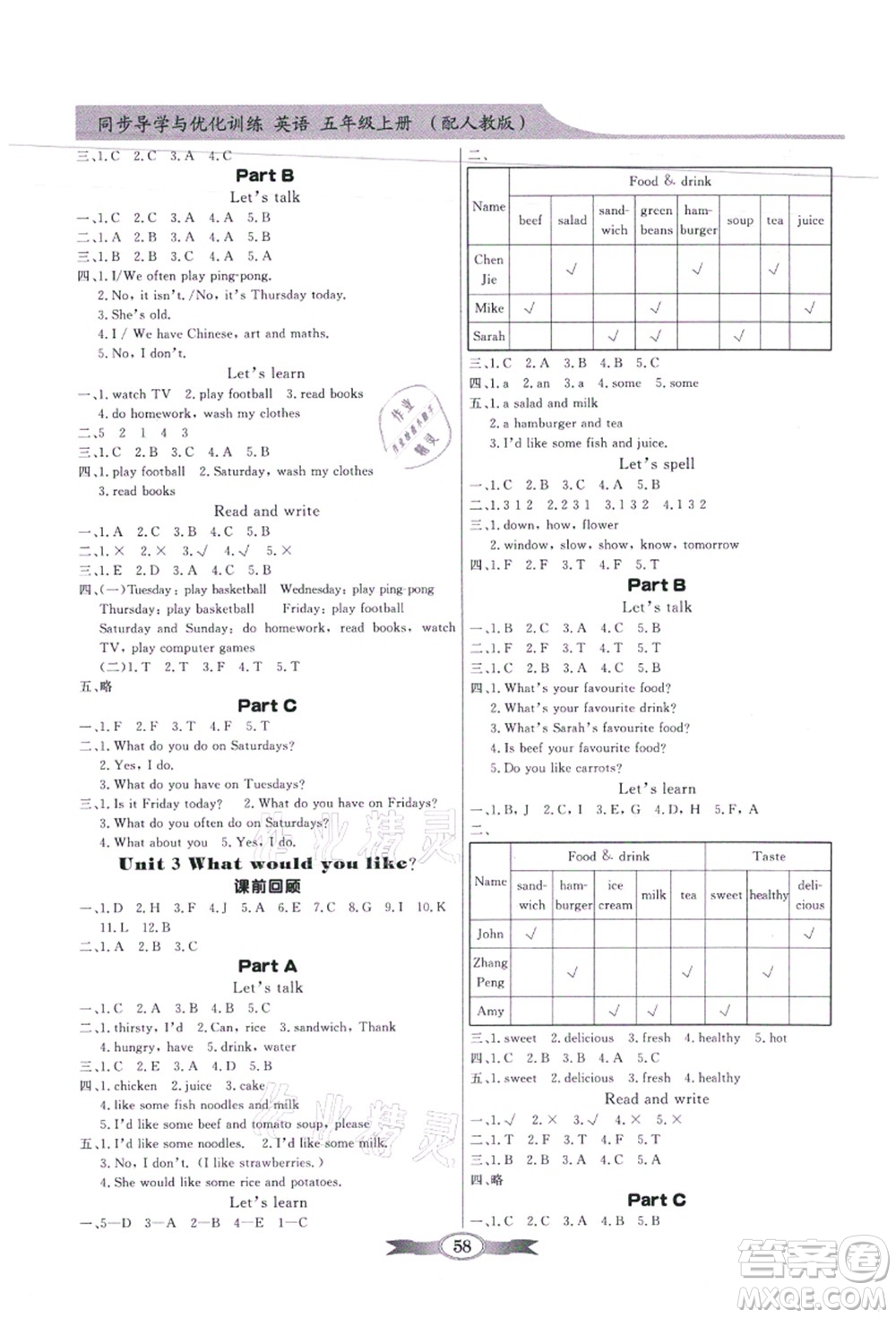 新世紀(jì)出版社2021同步導(dǎo)學(xué)與優(yōu)化訓(xùn)練五年級英語上冊人教PEP版答案