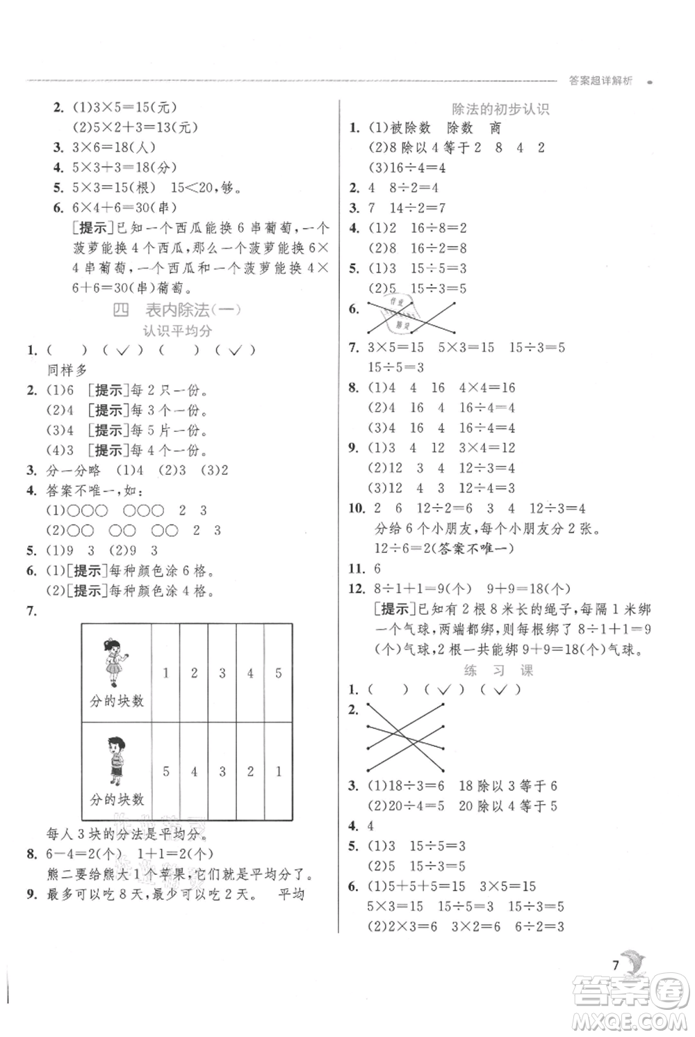 江蘇人民出版社2021實(shí)驗(yàn)班提優(yōu)訓(xùn)練二年級(jí)上冊(cè)數(shù)學(xué)蘇教版江蘇專版參考答案