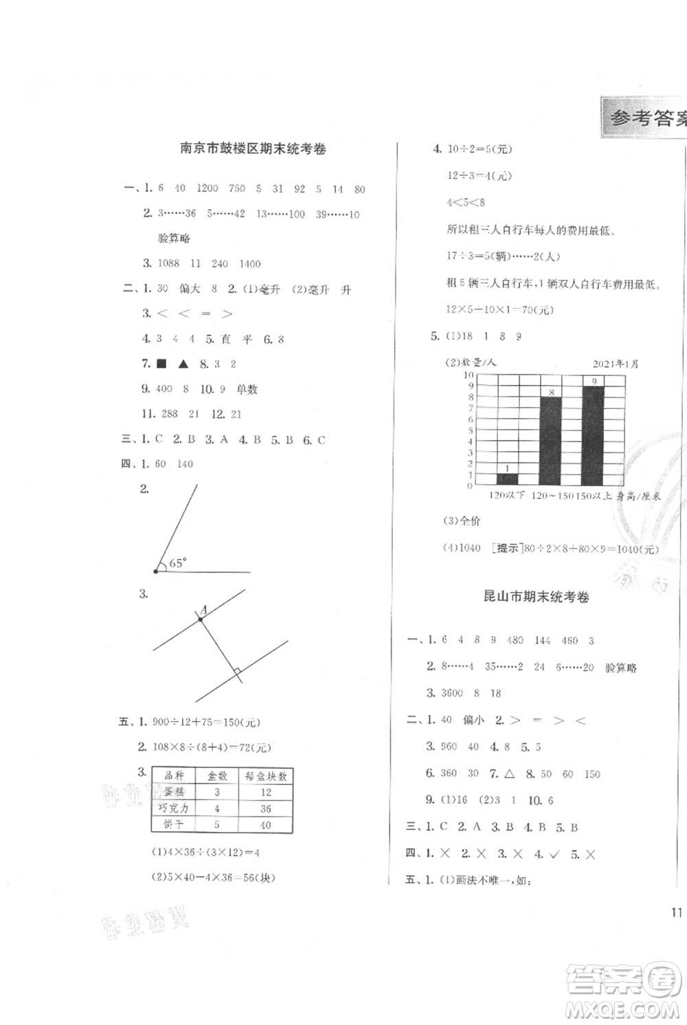 江蘇人民出版社2021實(shí)驗(yàn)班提優(yōu)訓(xùn)練四年級(jí)上冊(cè)數(shù)學(xué)蘇教版江蘇專版參考答案