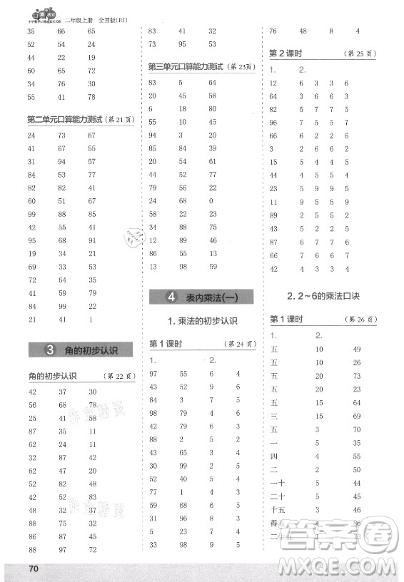 江蘇鳳凰少年兒童出版社2021口算小狀元口算速算天天練小學(xué)數(shù)學(xué)二年級(jí)上冊(cè)人教版答案