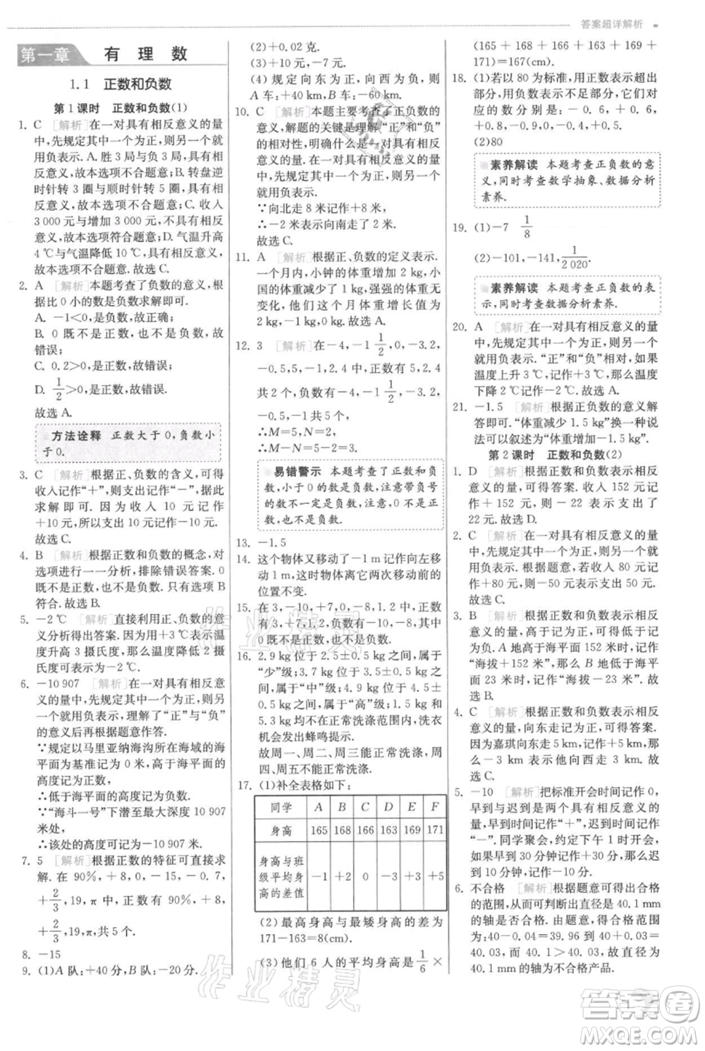 江蘇人民出版社2021實(shí)驗(yàn)班提優(yōu)訓(xùn)練七年級上冊數(shù)學(xué)人教版參考答案