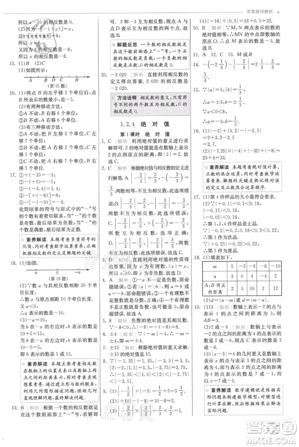 江蘇人民出版社2021實(shí)驗(yàn)班提優(yōu)訓(xùn)練七年級上冊數(shù)學(xué)人教版參考答案