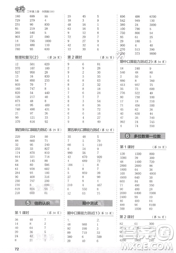 江蘇鳳凰少年兒童出版社2021口算小狀元口算速算天天練小學(xué)數(shù)學(xué)三年級上冊人教版答案