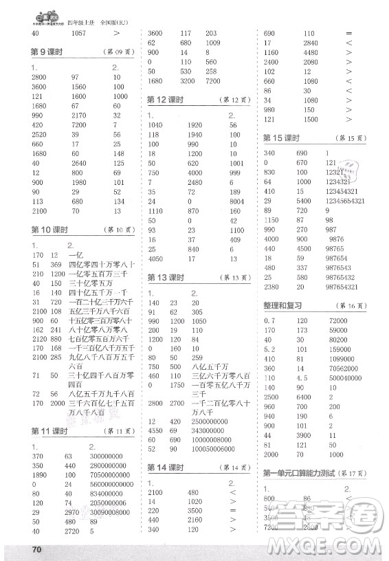 江蘇鳳凰少年兒童出版社2021口算小狀元口算速算天天練小學(xué)數(shù)學(xué)四年級上冊人教版答案