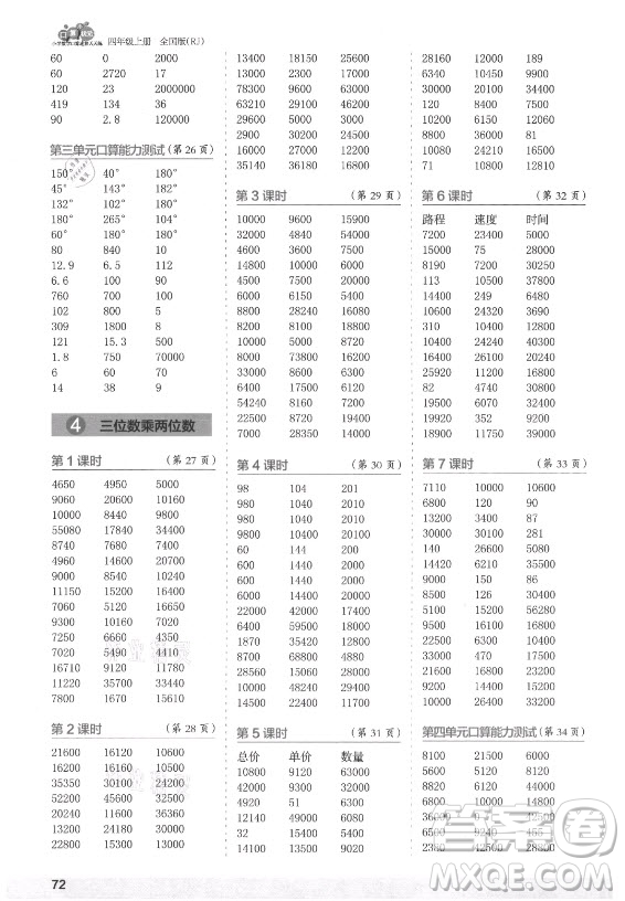 江蘇鳳凰少年兒童出版社2021口算小狀元口算速算天天練小學(xué)數(shù)學(xué)四年級上冊人教版答案