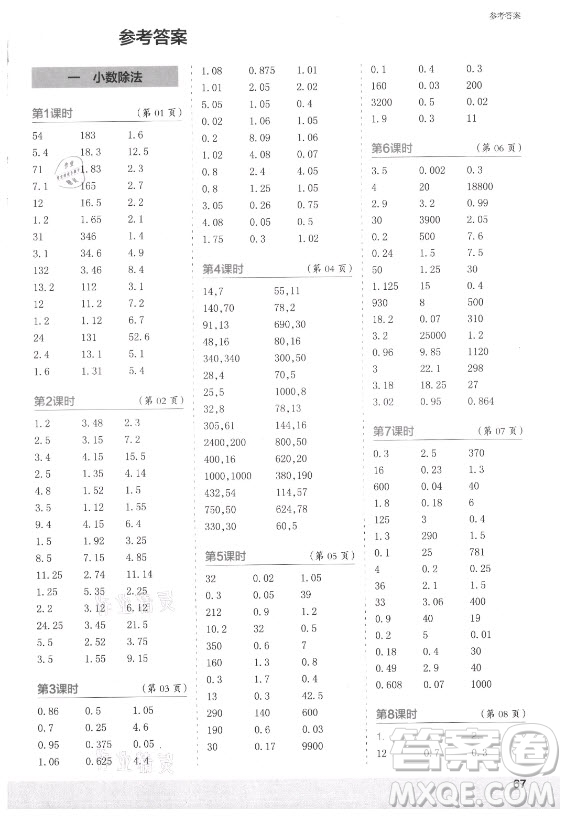 江蘇鳳凰少年兒童出版社2021口算小狀元口算速算天天練小學(xué)數(shù)學(xué)五年級上冊北師大版答案