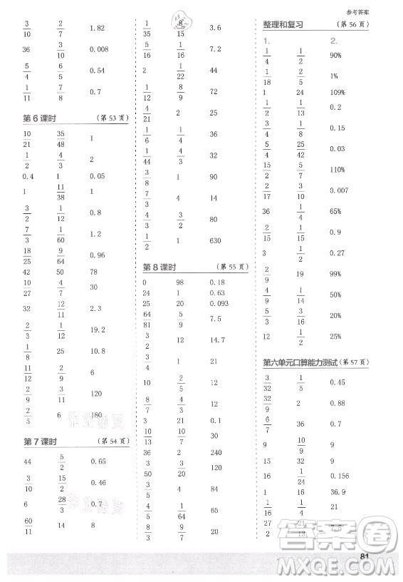 江蘇鳳凰少年兒童出版社2021口算小狀元口算速算天天練小學(xué)數(shù)學(xué)六年級上冊人教版答案