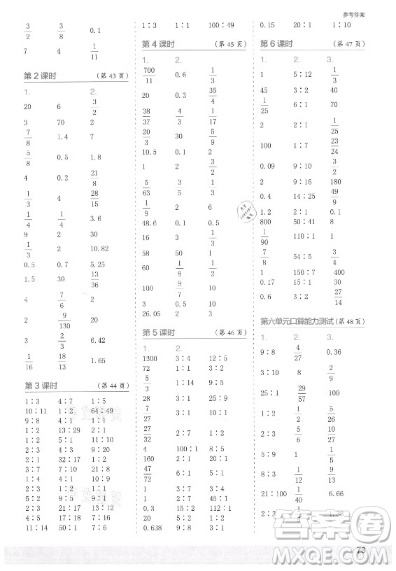 江蘇鳳凰少年兒童出版社2021口算小狀元口算速算天天練小學(xué)數(shù)學(xué)六年級(jí)上冊(cè)北師大版答案