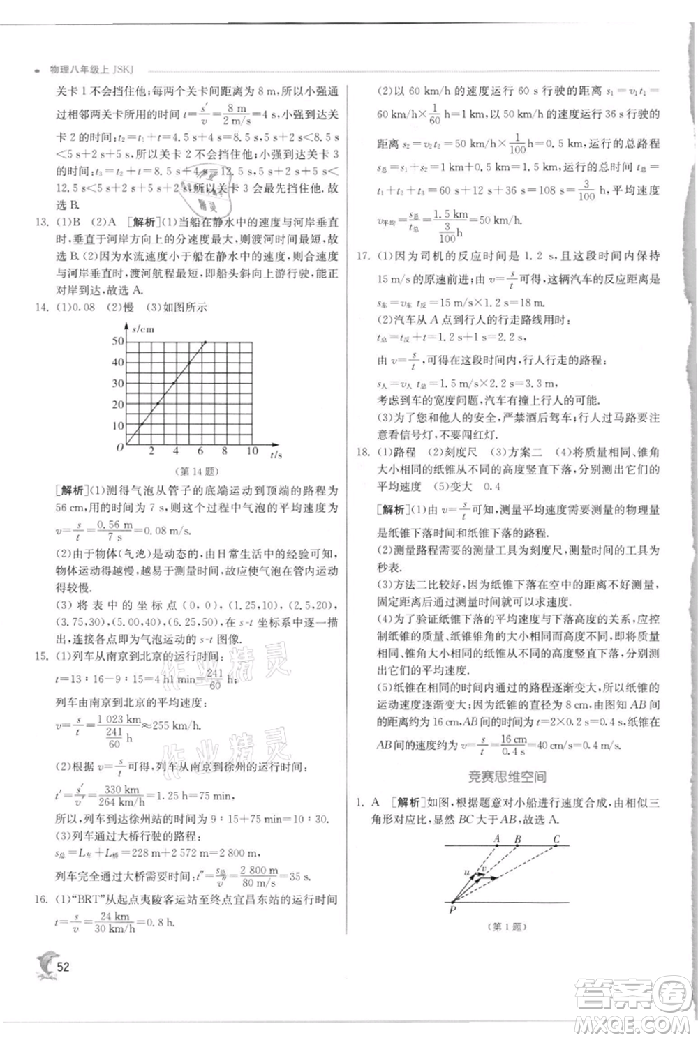 江蘇人民出版社2021實(shí)驗(yàn)班提優(yōu)訓(xùn)練八年級上冊物理蘇科版江蘇專版參考答案