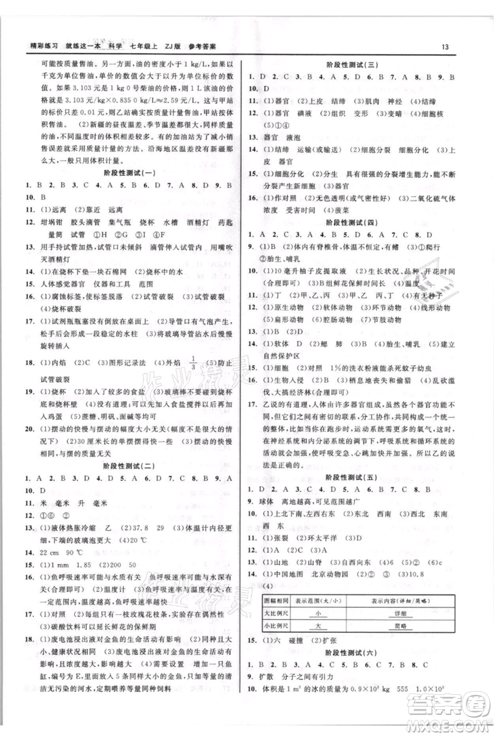 浙江工商大學(xué)出版社2021精彩練習(xí)就練這一本七年級(jí)上冊(cè)科學(xué)浙教版參考答案