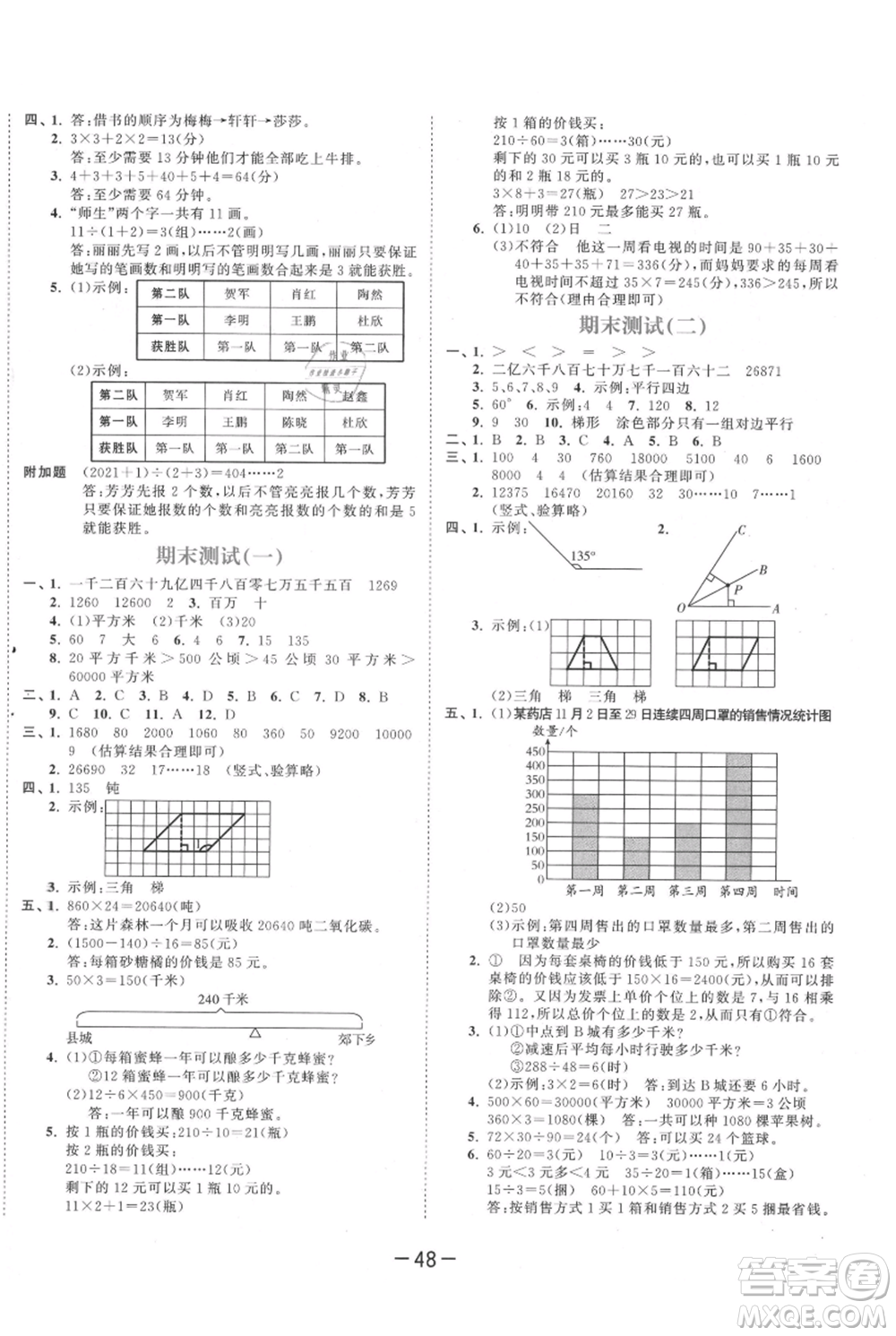 教育科學(xué)出版社2021年53天天練四年級上冊數(shù)學(xué)人教版參考答案