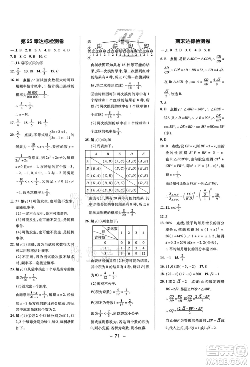 陜西人民教育出版社2021典中點綜合應用創(chuàng)新題九年級數學上冊HS華師大版答案