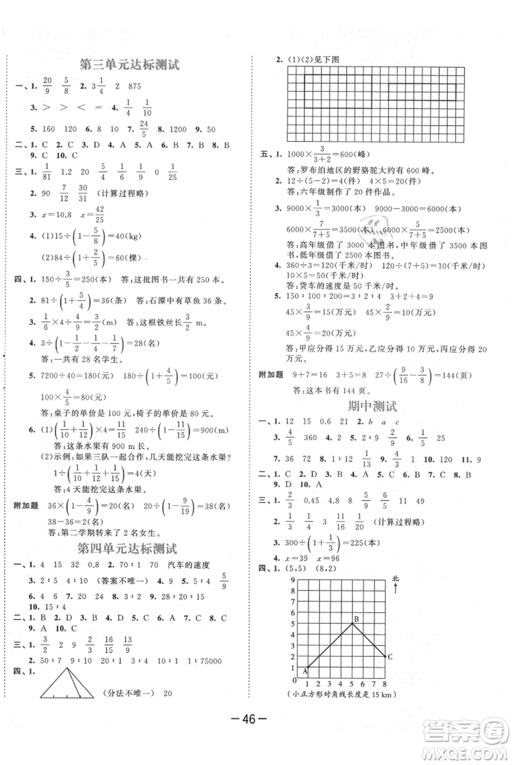 教育科學(xué)出版社2021年53天天練六年級(jí)上冊(cè)數(shù)學(xué)人教版參考答案