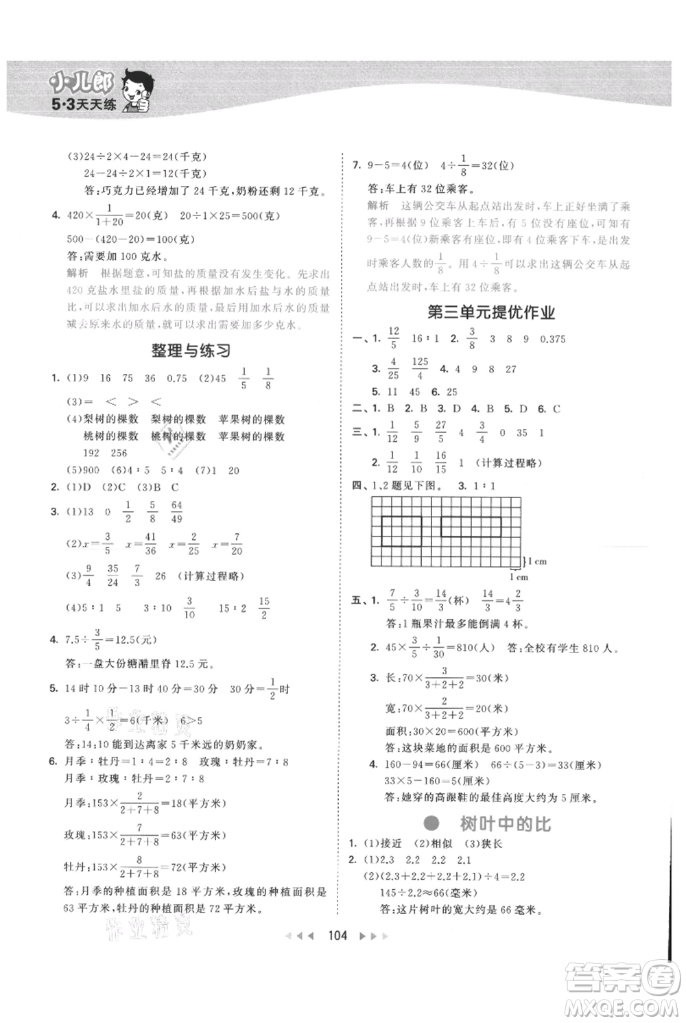 教育科學(xué)出版社2021年53天天練六年級(jí)上冊(cè)數(shù)學(xué)蘇教版參考答案