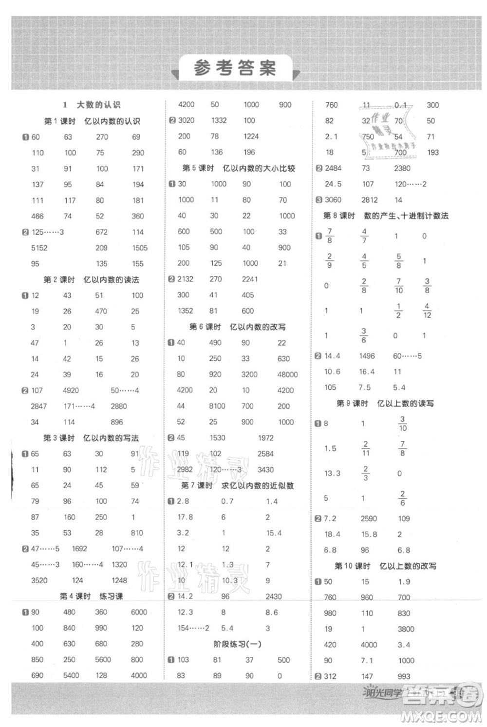 江西教育出版社2021陽光同學(xué)計算小達(dá)人四年級上冊人教版參考答案