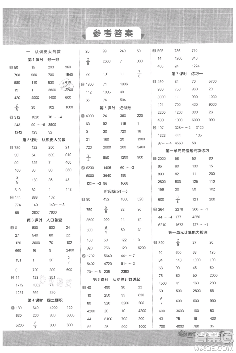 江西教育出版社2021陽光同學(xué)計算小達(dá)人四年級上冊北師大版參考答案