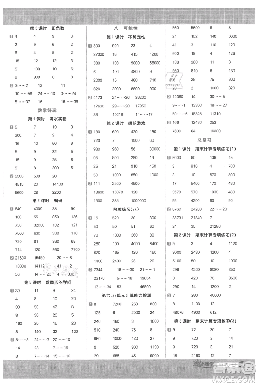 江西教育出版社2021陽光同學(xué)計算小達(dá)人四年級上冊北師大版參考答案