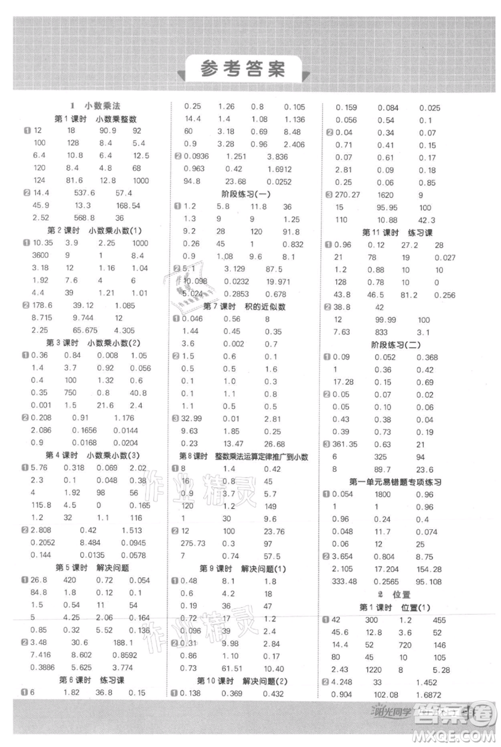 江西教育出版社2021陽光同學(xué)計算小達(dá)人五年級上冊人教版參考答案