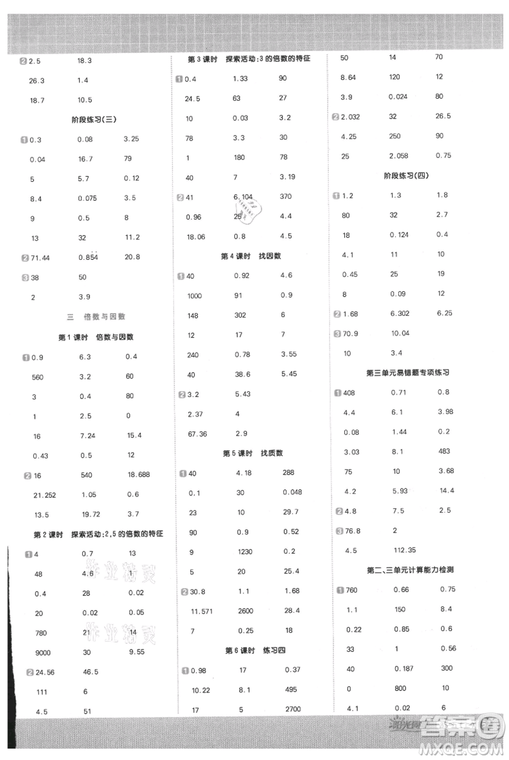 江西教育出版社2021陽光同學計算小達人五年級上冊北師大版參考答案