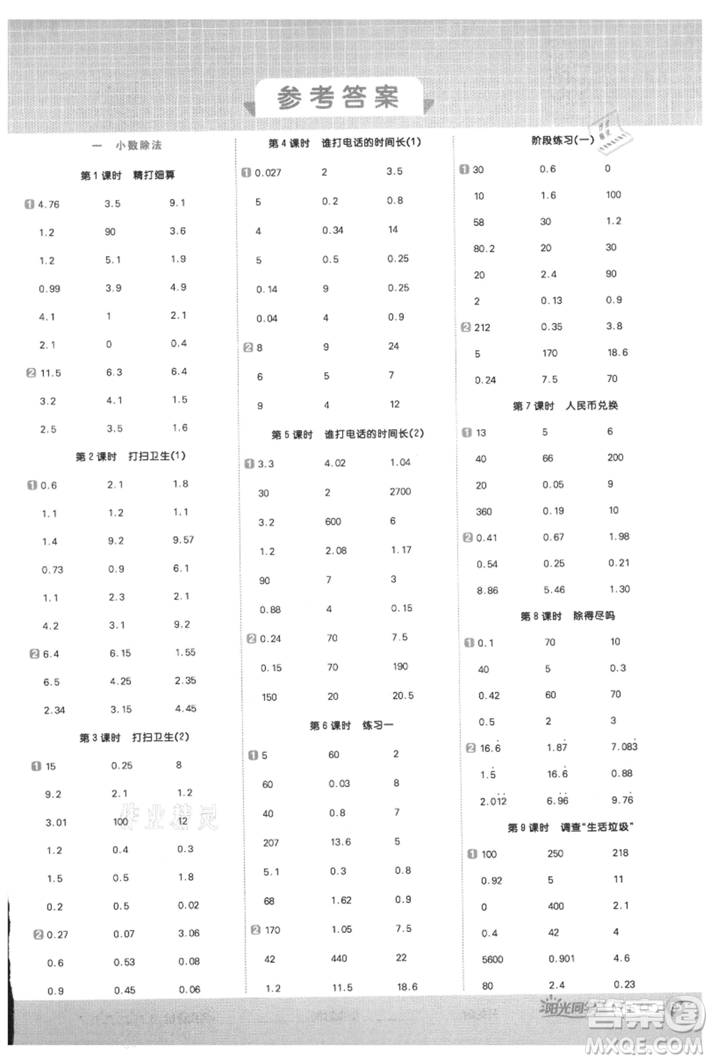 江西教育出版社2021陽光同學計算小達人五年級上冊北師大版參考答案