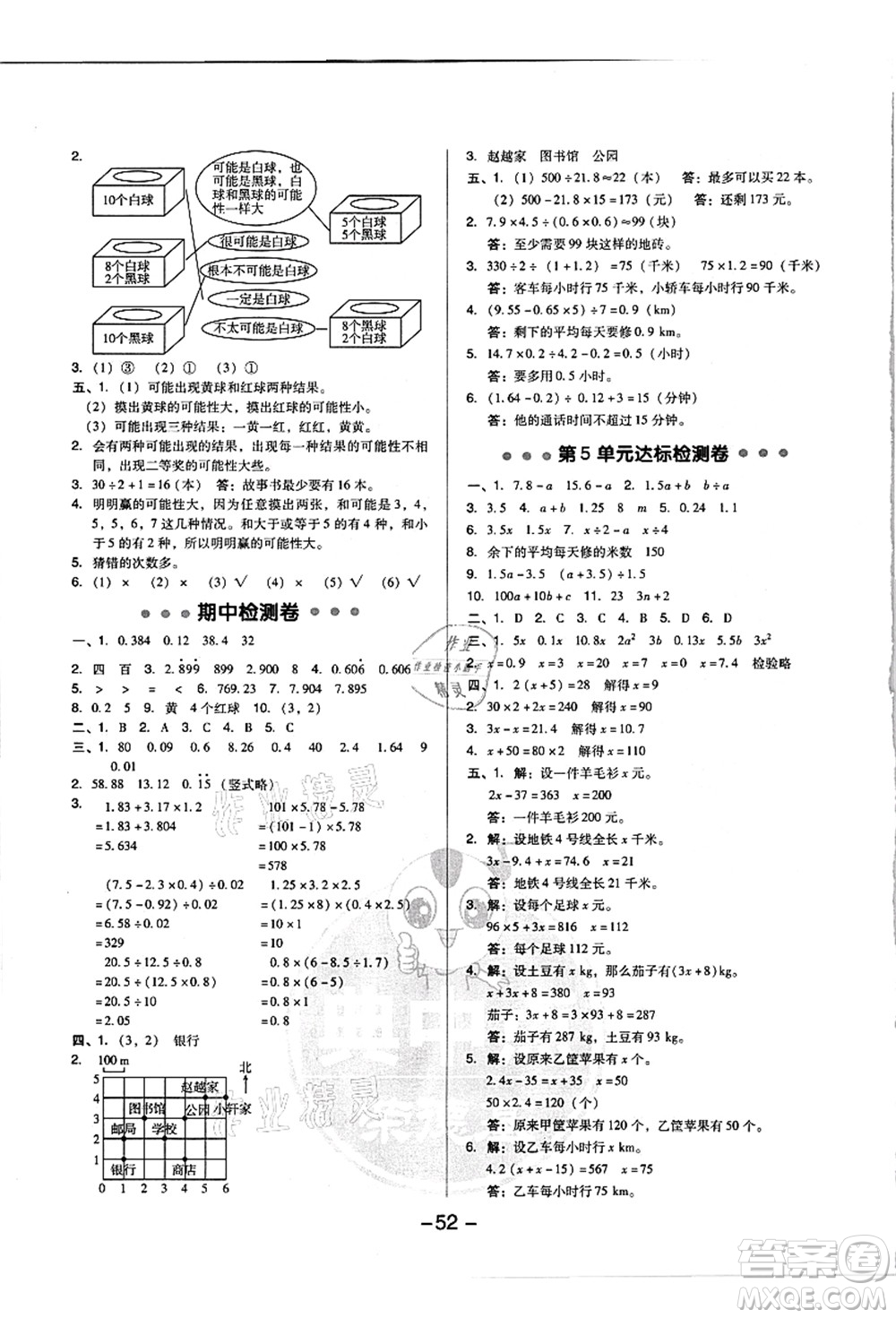 吉林教育出版社2021典中點綜合應(yīng)用創(chuàng)新題五年級數(shù)學(xué)上冊R人教版浙江專版答案