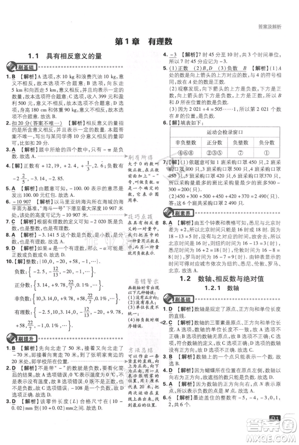 開明出版社2021初中必刷題七年級上冊數(shù)學湘教版參考答案