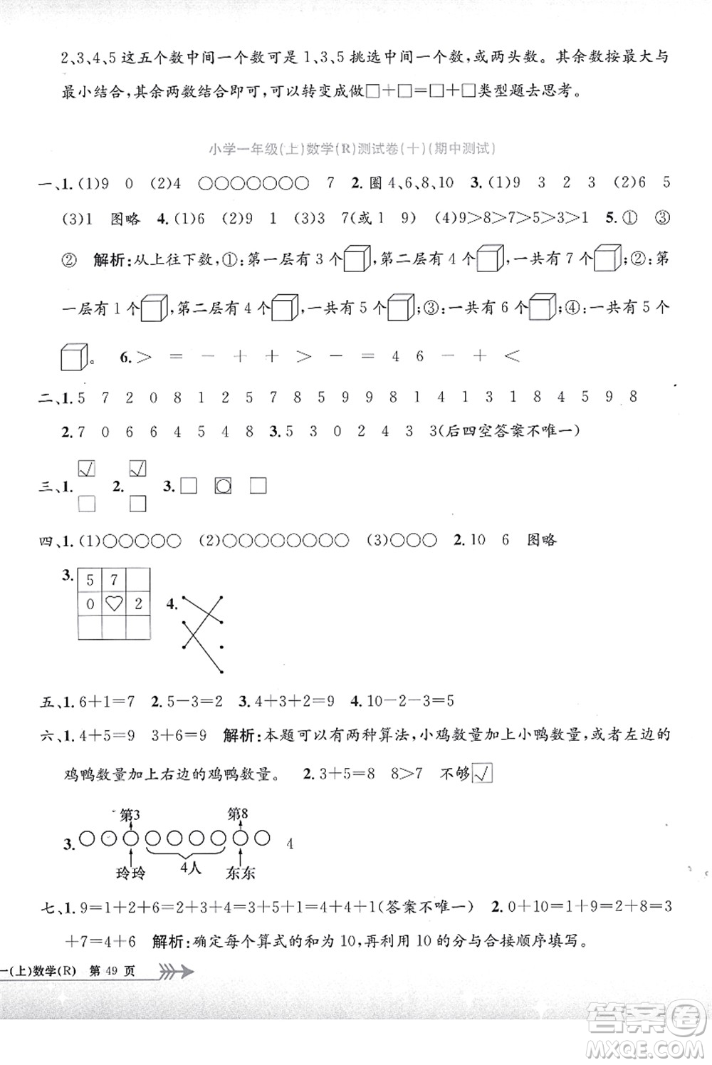 浙江工商大學(xué)出版社2021孟建平系列叢書小學(xué)單元測(cè)試一年級(jí)數(shù)學(xué)上冊(cè)R人教版答案