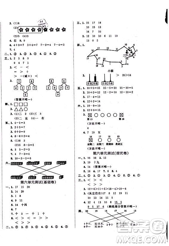 西安出版社2021秋季53全優(yōu)卷小學數(shù)學一年級上冊RJ人教版答案