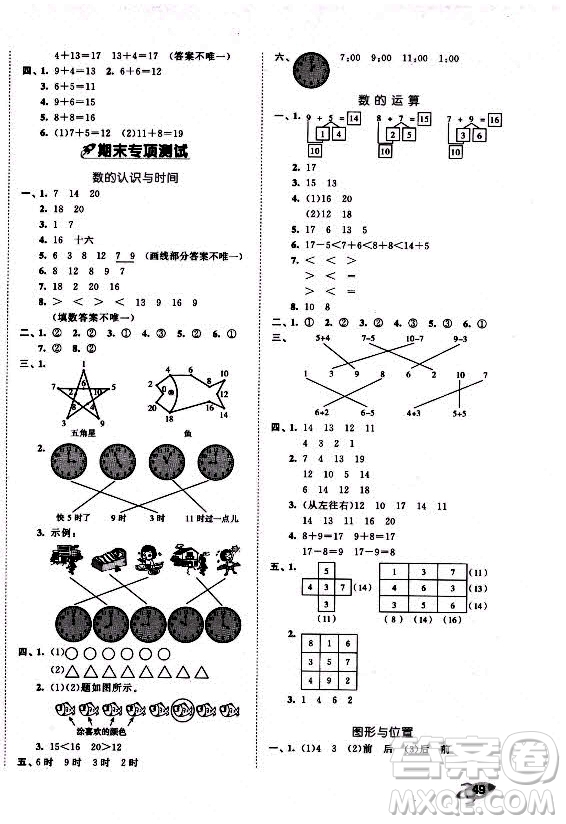 西安出版社2021秋季53全優(yōu)卷小學數(shù)學一年級上冊RJ人教版答案