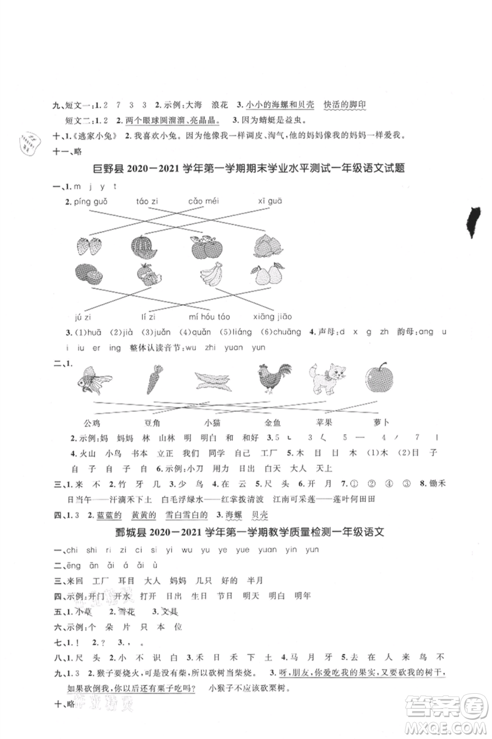 江西教育出版社2021陽光同學(xué)課時優(yōu)化作業(yè)一年級上冊語文人教版菏澤專版參考答案