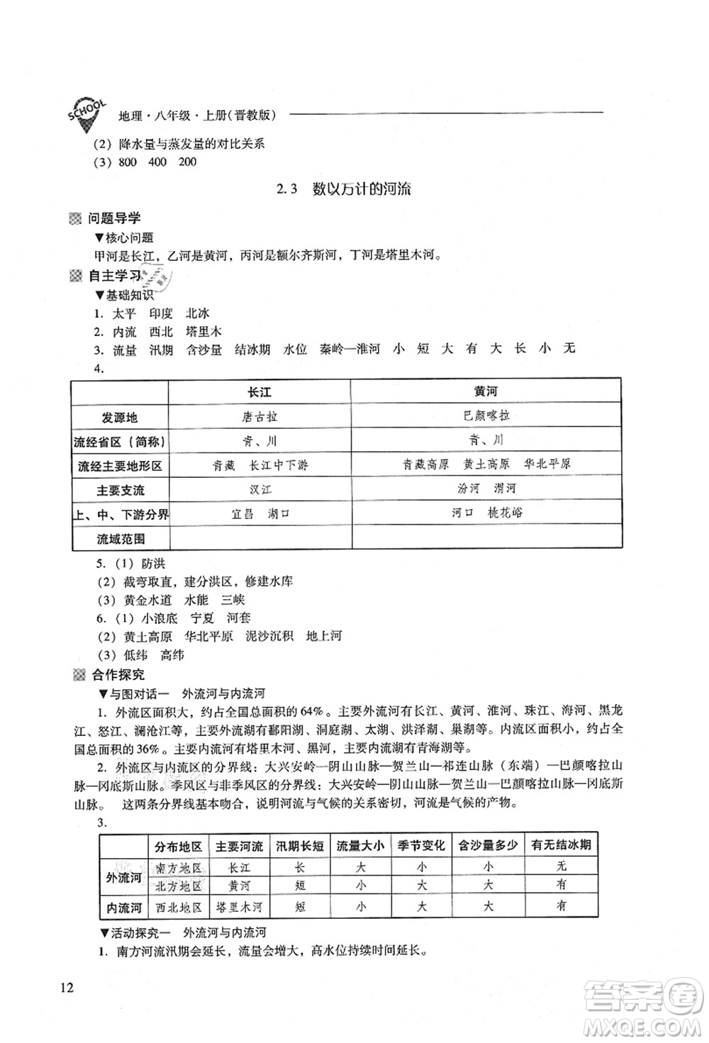 山西教育出版社2021新課程問題解決導學方案八年級地理上冊晉教版答案