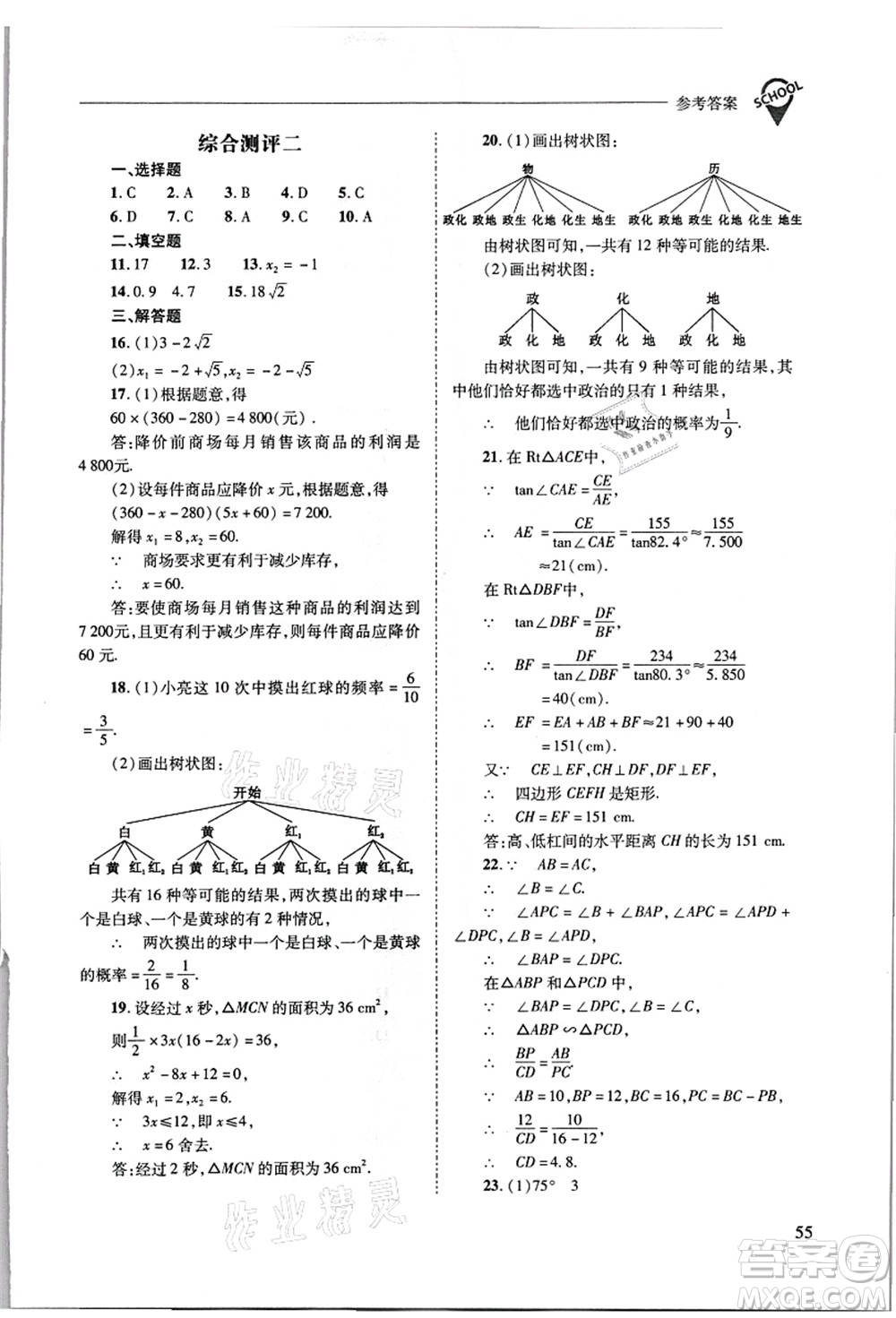 山西教育出版社2021新課程問題解決導(dǎo)學(xué)方案九年級數(shù)學(xué)上冊華東師大版答案